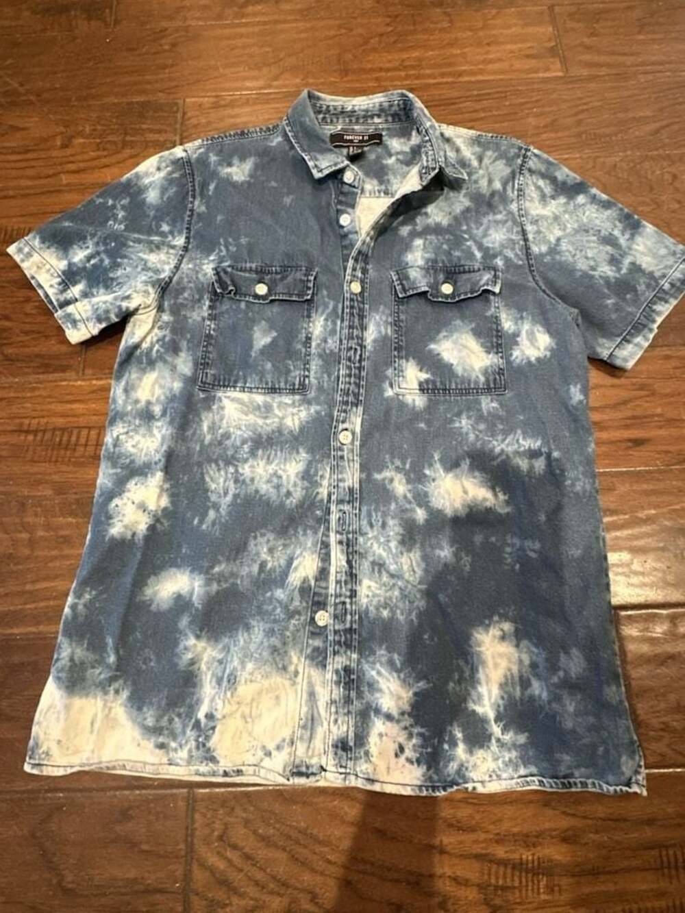 Forever 21 Men Tie-Dye Acid Wash Short Sleeve Denim Shirt